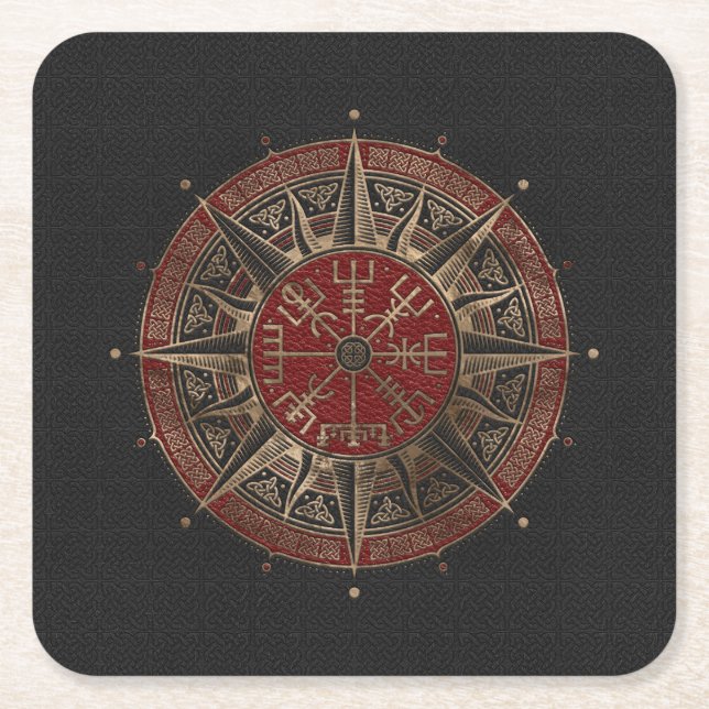 Vegvisir - Viking-Kompass - schwarzes und rotes Rechteckiger Pappuntersetzer (Vorderseite)