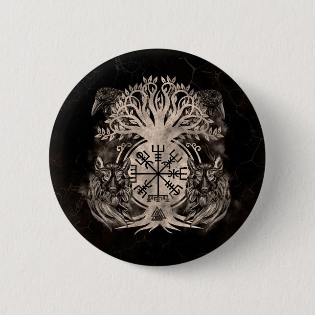 Vegvisir-Yggdrasil mit Ravens & Wölfen Button (Vorderseite)