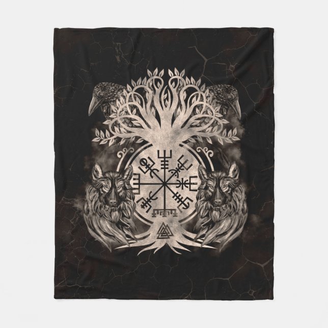 Vegvisir-Yggdrasil mit Ravens & Wölfen Fleecedecke (Vorderseite)