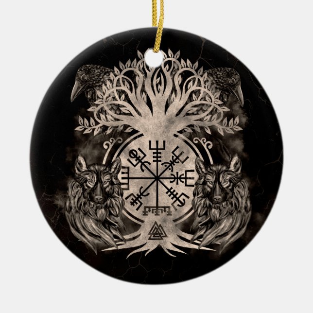 Vegvisir-Yggdrasil mit Ravens & Wölfen Keramik Ornament (Vorne)