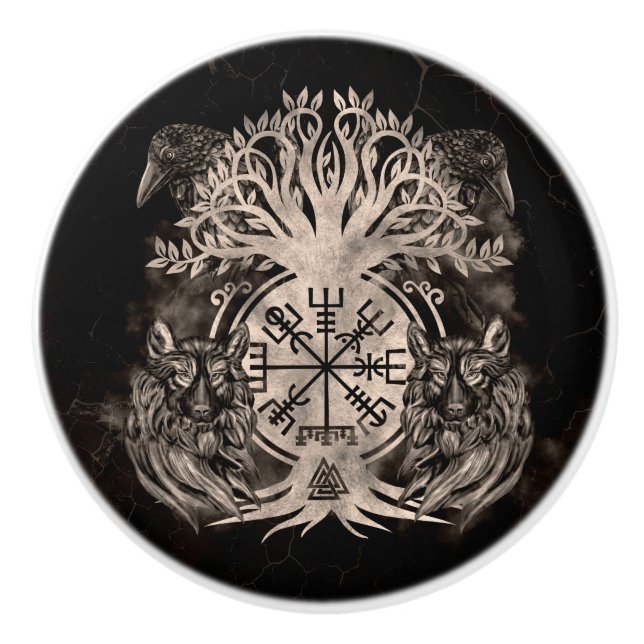 Vegvisir-Yggdrasil mit Ravens & Wölfen Keramikknauf (Vorderseite)