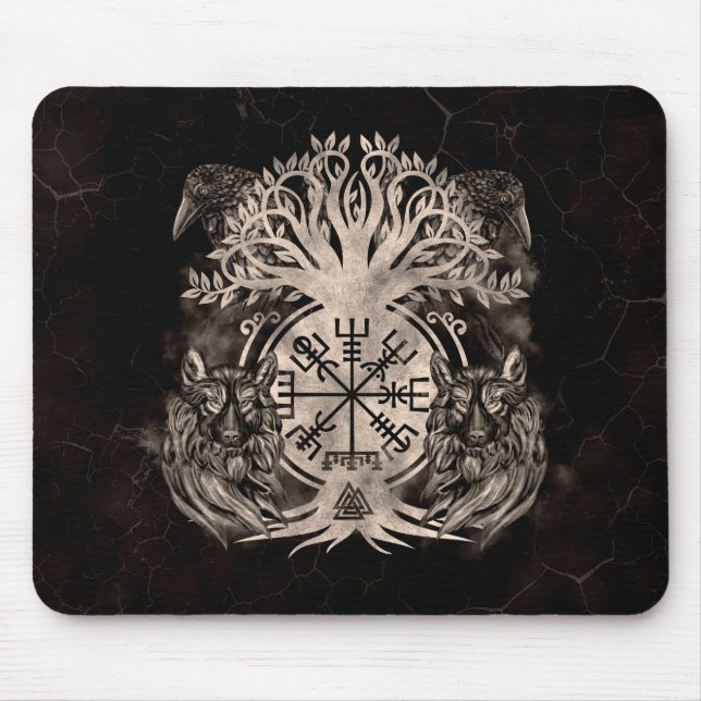 Vegvisir-Yggdrasil mit Ravens & Wölfen Mousepad (Vorne)