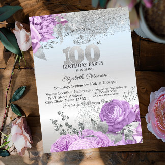Veilchen Blumen Glitter Silber 100. Geburtstag Einladung