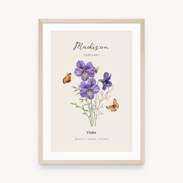 Veilchen-Geburtsmonats-Blumenposter Poster (Example of violet birth flower poster once framed. )