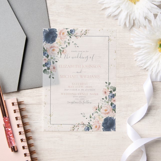 Vellum Light Dusty Blue Blush Pink Gold Floral (Hochzeit)