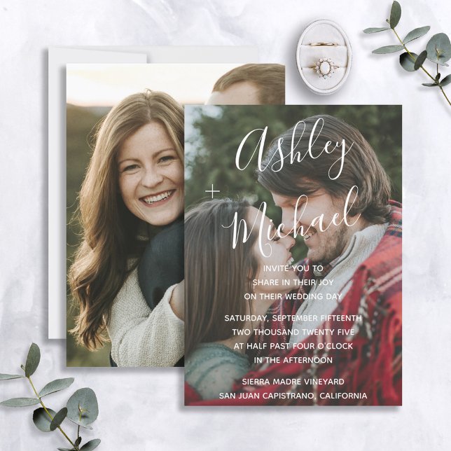 Vellum Look White Handschrift Foto Hochzeit Einladung (Von Creator hochgeladen)