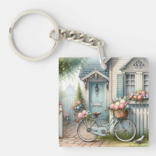 Vélo de chalet bleu avec panier à fleurs de printe