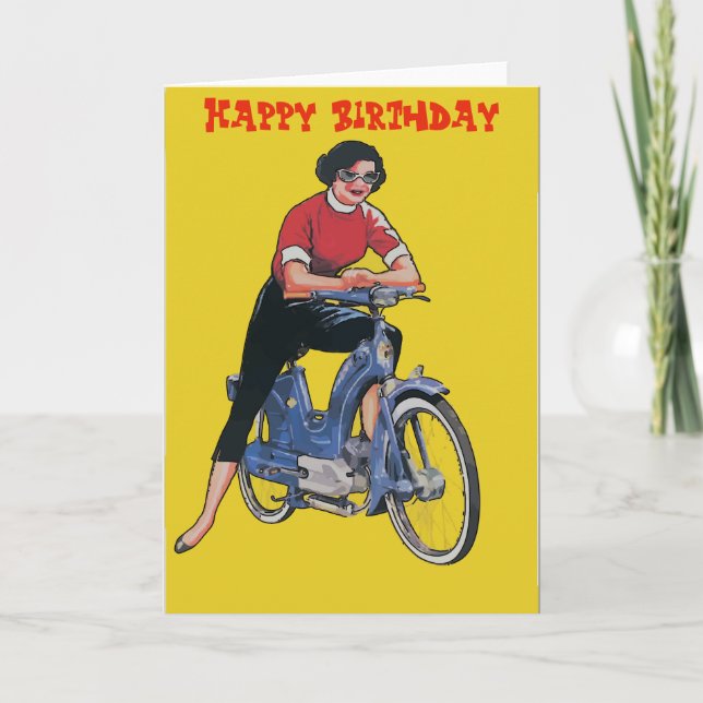Vélo électrique, Femme Vintage, Carte Anniversaire (Devant)