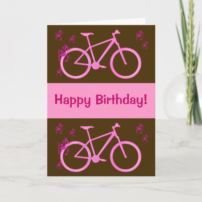 Vélo en rose joyeux carte d'anniversaire. (Devant)