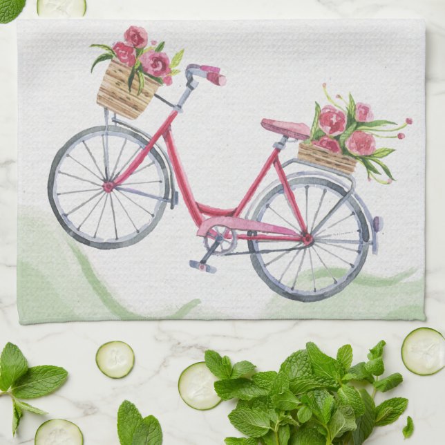 Vélo et roses roses roses serviettes de cuisine (Plié)