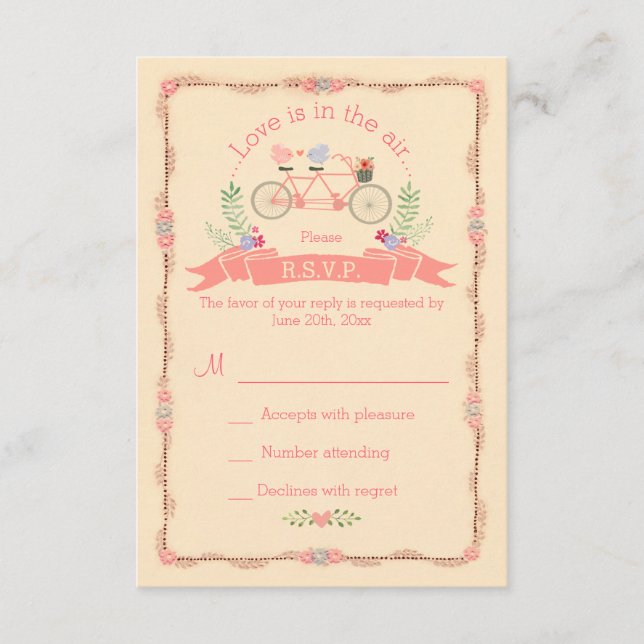 Vélo tandem, oiseaux et bannière RSVP de mariage (Devant)