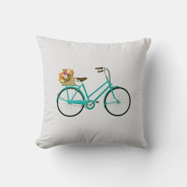 Vélo vintage avec Fleurs Coussin Turquoise (Recto)