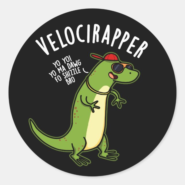 Veloci-rapper Funny Dinosaur Pun Dark BG Runder Aufkleber (Vorderseite)