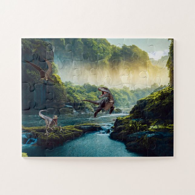 Velociraptor und T-Rex im prähistorischen Dschunge (Horizontal)