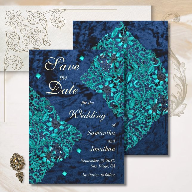 Velvet Aquamarin und Navy Luxury Wedding Save The Date (Von Creator hochgeladen)