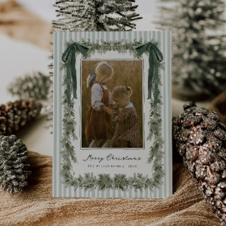 Velvet Bow and Stripes Christmas Photo Card Green Feiertagskarte