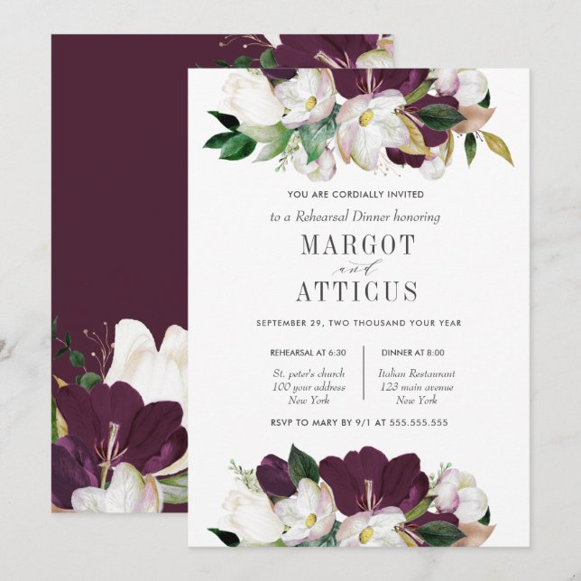 Velvet Magnolia Blume Hochzeit Probe Dinner Einladung (Vorne/Hinten)