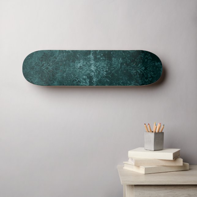 Velvety Aquamarin Damask | Dunkelgrüne Grunge Flor Skateboard (Wandkunst (Horz))
