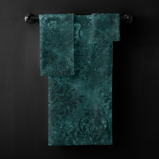 Velvety Aquamarin Damask | Dunkelgrüner Grunge Bar Badhandtuch Set (Von Creator hochgeladen)