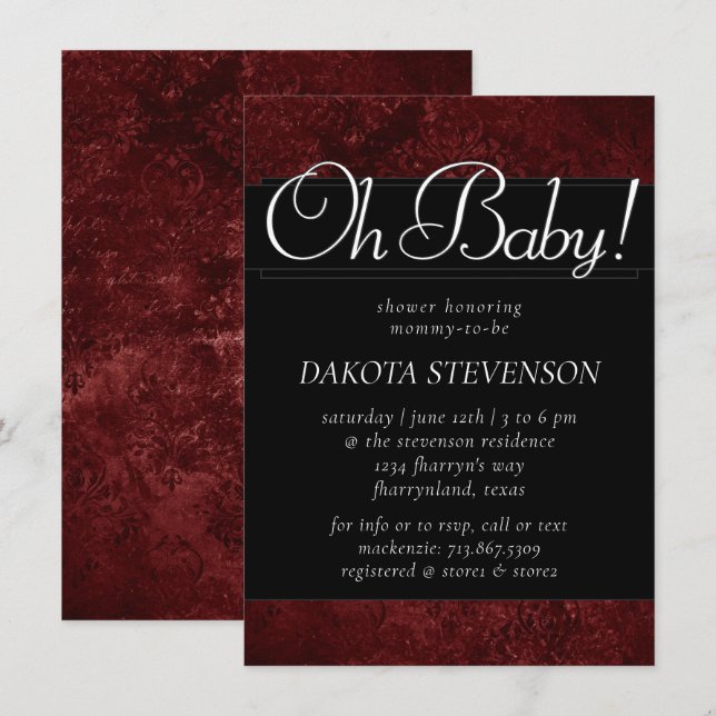 Velvety Henna Damask | Crimson Red Baroque Oh Baby Einladung (Vorne/Hinten)
