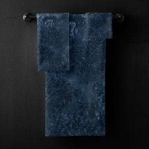 Velvety Navy Damask Bleu foncé Grunge Baroque