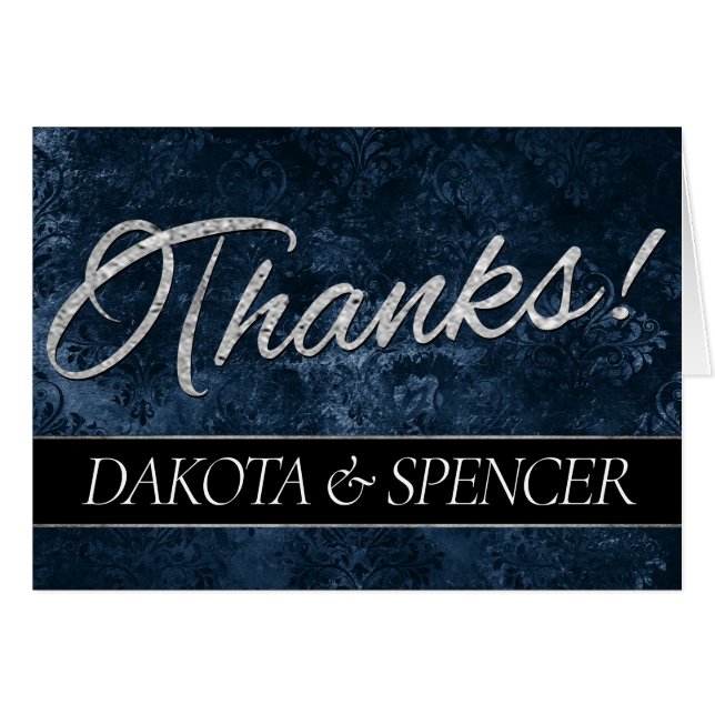 Velvety Navy Damask | Carte de remerciements bleu  (Devant Horizontal)