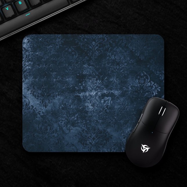 Velvety Navy Damask | Dark Blue Grunge Barock Mousepad (Von Creator hochgeladen)