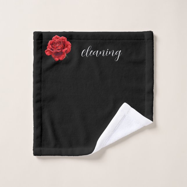 Velvety Noir avec blanc Script & Accent Rose (Gant de toilette)