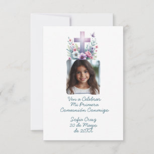 Ven A Celebrar Mi Primera Comunión con Foto Flores Dankeskarte