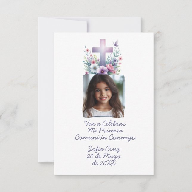 Ven A Celebrar Mi Primera Comunión con Foto Flores Dankeskarte (Vorderseite)