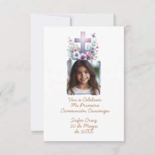 Ven A Celebrar Mi Primera Comunión con Foto Flores Dankeskarte