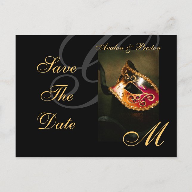 Venedig Goldmasquerade Maske Save the Date Postkar Ankündigungspostkarte (Vorderseite)