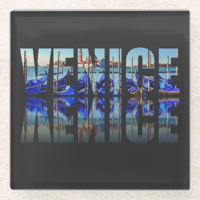 Venedig-Text mit Reflektion Glasuntersetzer (Vorderseite)