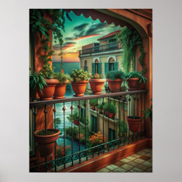 Venetian Balcony Sunset Canal View Art Poster