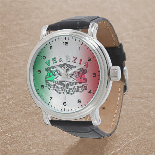 Venezia Rialto Bold LInes Vintages schwarzes Leder Armbanduhr
