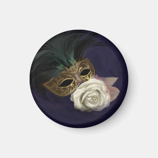 Venezianische Maske mit weißer Rose Magnet (Vorne)
