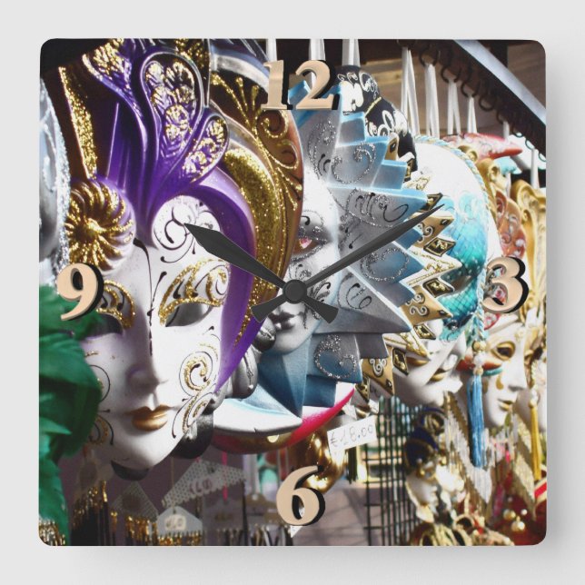 Venezianische Masken 1 Quadratische Wanduhr (Vorderseite)