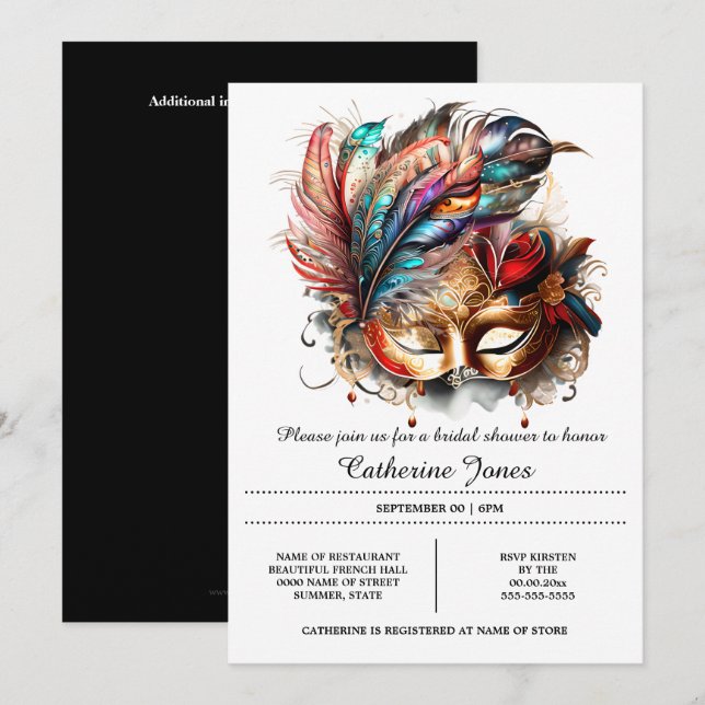 Venezianische Maskengesichtsmaske Federn Karneval Einladung (Vorne/Hinten)