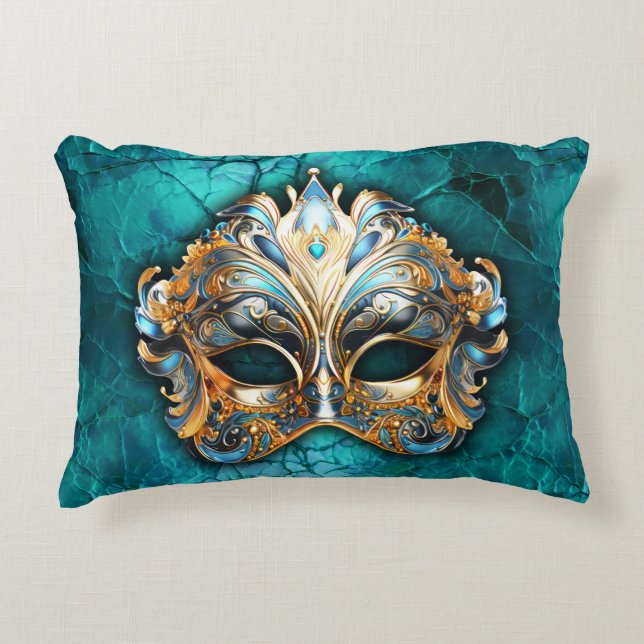 Venezianische Maskenmaske auf türkisfarbenem Boden Dekokissen (Vorderseite)