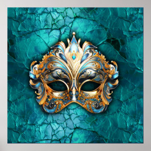 Venezianische Maskenmaske auf türkisfarbenem Boden Poster