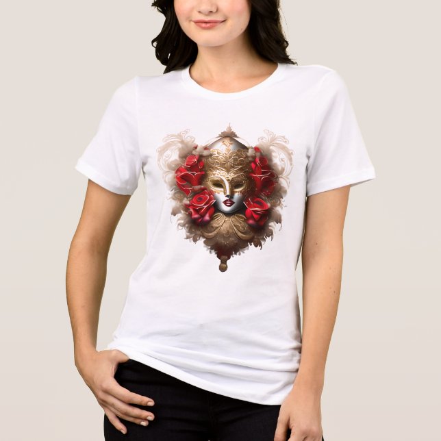 Venezianische Maskenmaske mit vergoldeter rote Ros Tri-Blend Shirt (Vorderseite)