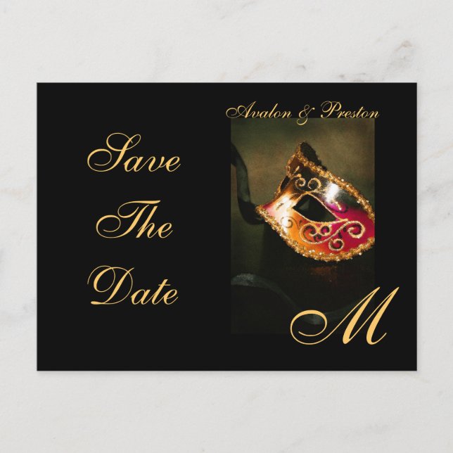 Venezianische Maskenmaske Save the Date Postkarte (Vorderseite)