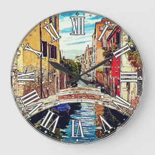 Venezianischer Kanal mit Häusern und Brücke. Ita Große Wanduhr