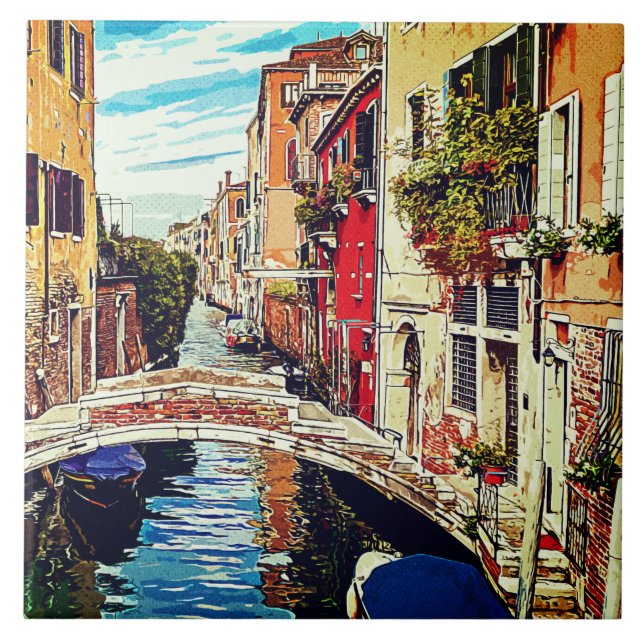 Venezianischer Kanal mit Häusern und Brücke. Itali Fliese (Vorderseite)