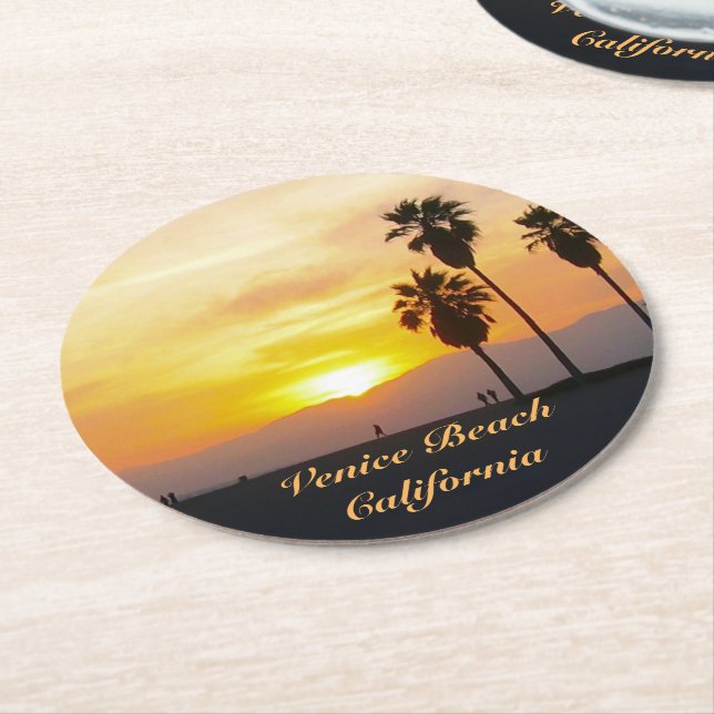 Venice Beach California Sunset Souvenir Round Papa Runder Pappuntersetzer (Angewinkelt)