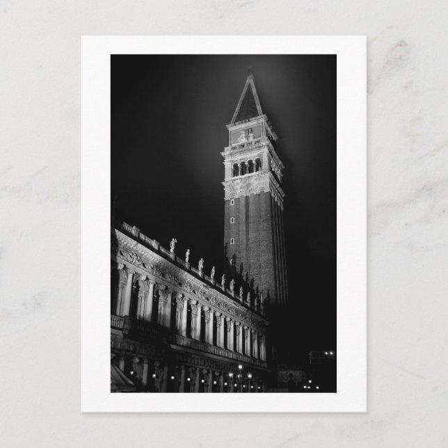 VENICE SAN MARCO TOWER AM ABEND B/W POSTKARTE (Vorderseite)