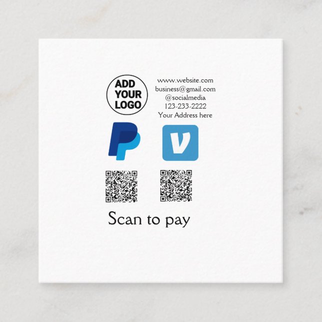 Venmo PayPal-Scan zu zahlen q oder Code-Logo-Text Quadratische Visitenkarte (Vorderseite)