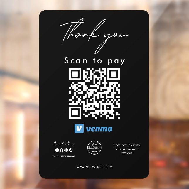 Venmo QR Code Logo Scan zu bezahlen Danke, Black Fensteraufkleber (Blatt 2)