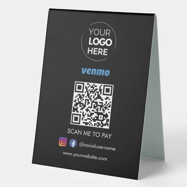 Venmo QR Code Zahlung | Scannen, um schwarz zu bez Tischaufsteller (Vorderseite)