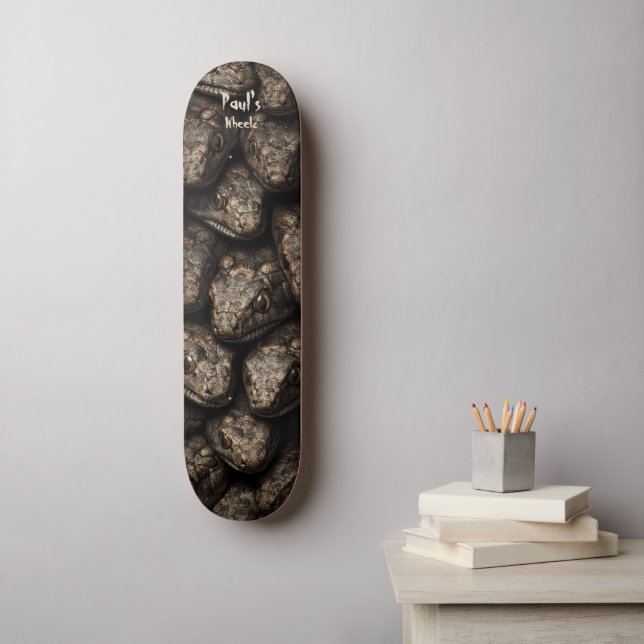 Venomous snake heads in gold & black dark skateboard (Wandkunst)